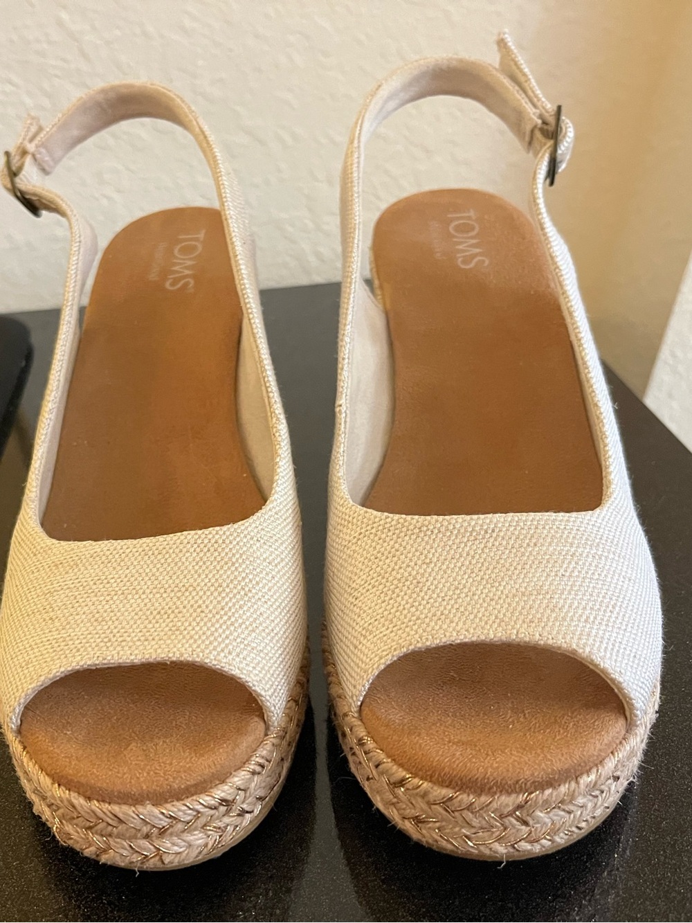 TOMS Cream Canvas Open-Toe Slingback Platform Espadrilles
